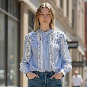 Blue Striped Button Down Shirt with Lace Detail